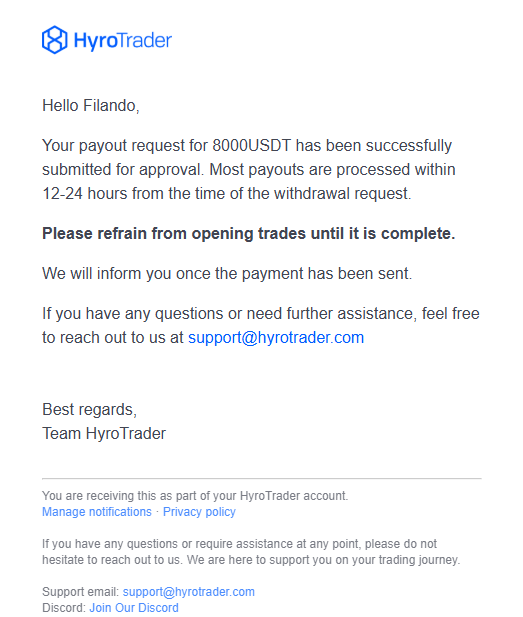Hyro Trader payout confirmation email
