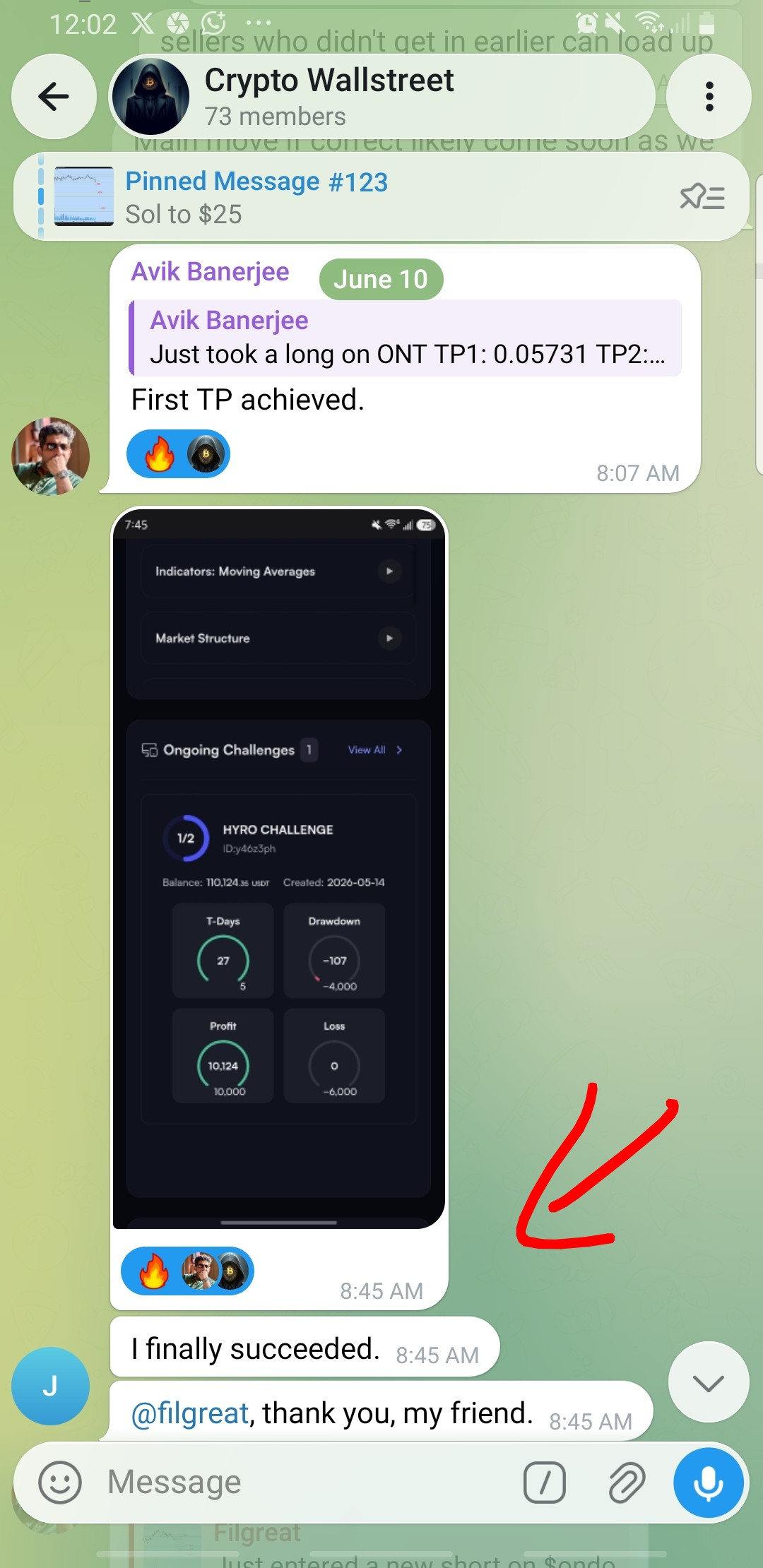 Telegram screenshot — community member passed Hyro challenge with $110K balance showing profit target reached