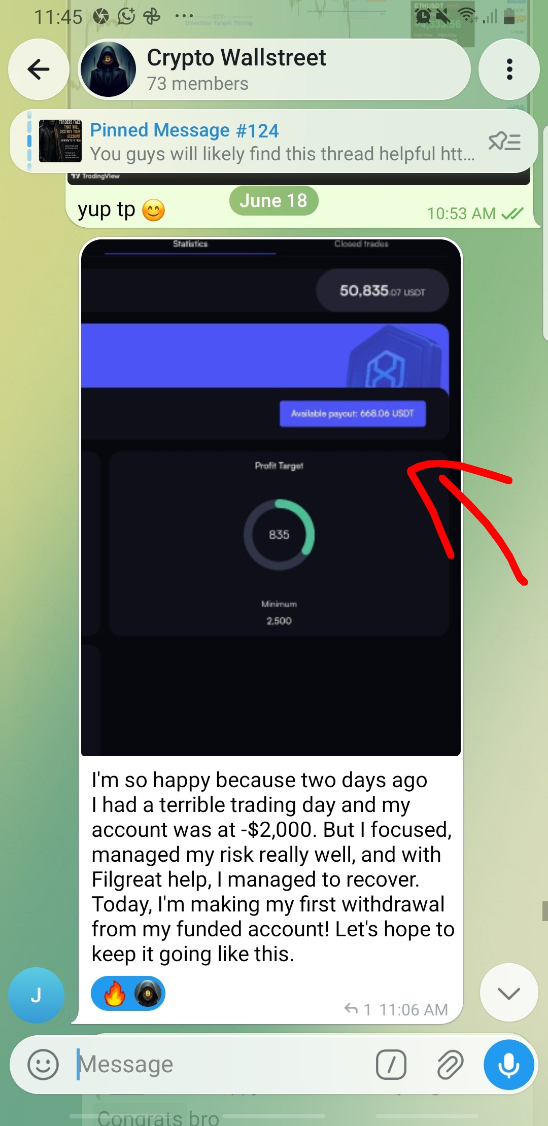 Telegram screenshot — trader made first withdrawal from funded account after recovering from -$2K drawdown